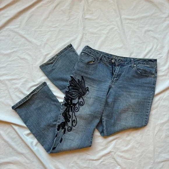 Vintage Blue and black butterfly beaded sequin embroidered low rise denim jeans